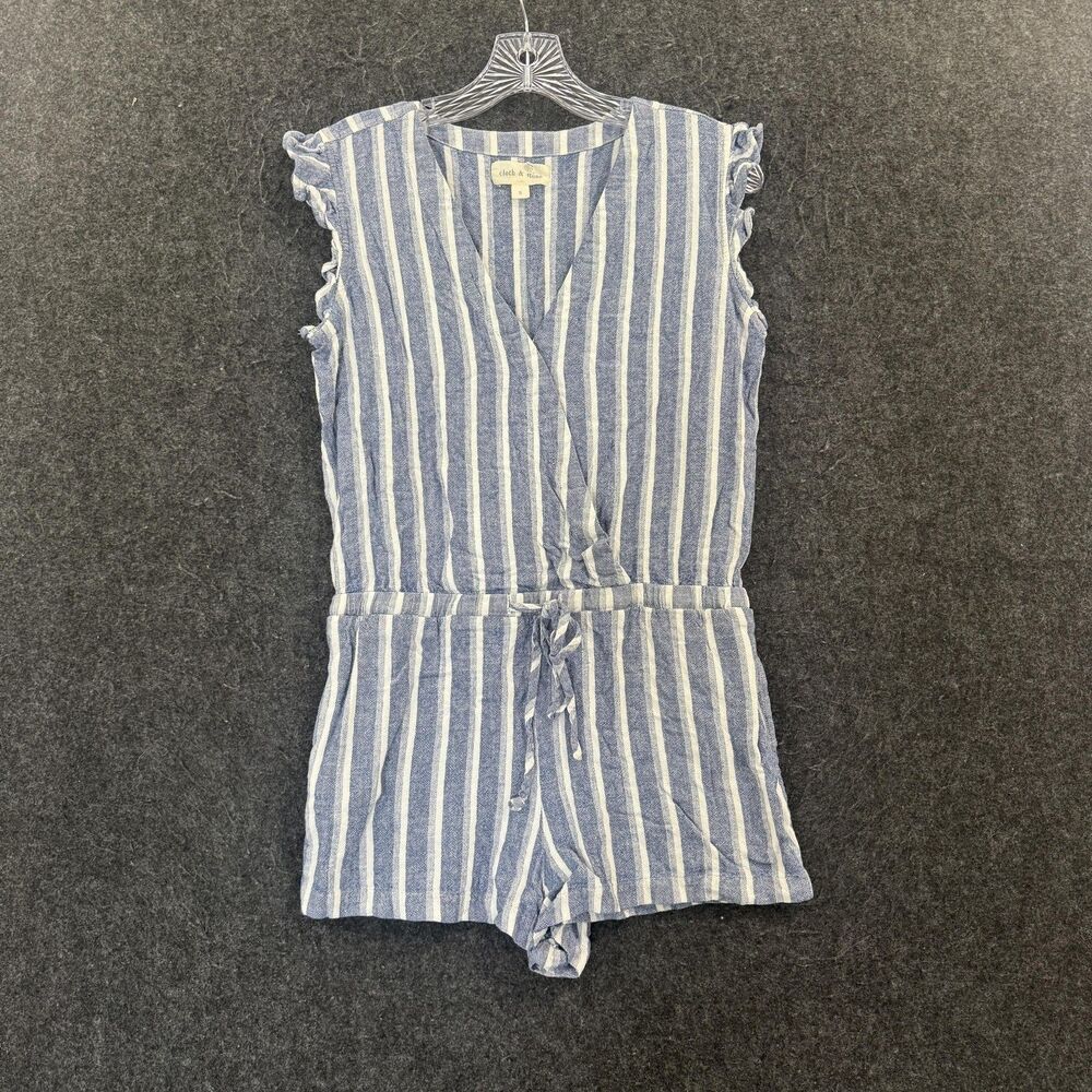 Cloth & Stone Romper Women's Small Blue Striped Ruffle Sleeve Linen Blend - Picture 1 of 10